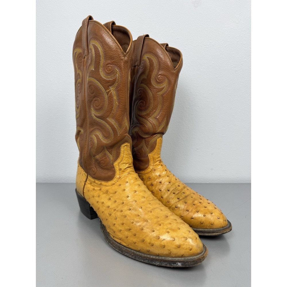 Vintage Tony Lama Cowboy Boots Mens 11 D Ostrich Leather Buttercup Brown Western